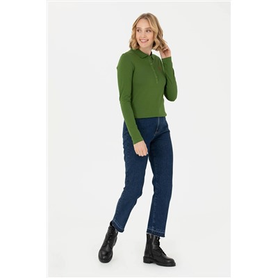 Kadın Yeşil Basic Polo Yaka Sweatshirt