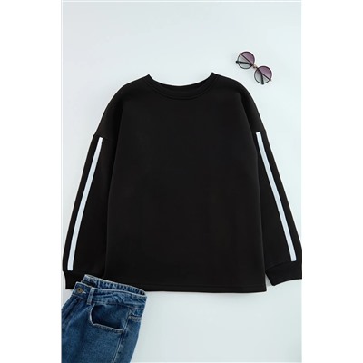 Siyah Şerit Detaylı Oversize/Bol Kesim İnce Örme Sweatshirt