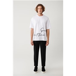 Beyaz %100 Pamuk Bisiklet Yaka Baskılı T-Shirt