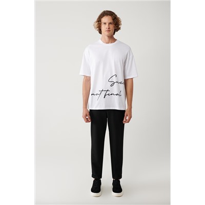 Beyaz %100 Pamuk Bisiklet Yaka Baskılı T-Shirt