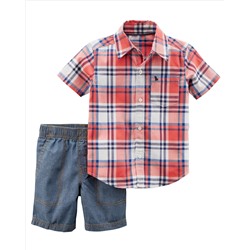 2-Piece Button-Front Top & Chambray Short Set
