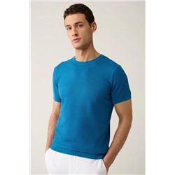 Avva, Erkek Mavi Bisiklet Yaka Dokulu Pamuklu Triko T-shirt E005027