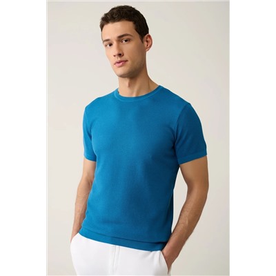 Avva, Erkek Mavi Bisiklet Yaka Dokulu Pamuklu Triko T-shirt E005027