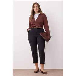 Siyah Normal Bel Boru Paça Büyük Beden Dokuma Pantolon TBBAW26AR00015