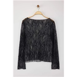 Siyah Regular Fit Kayık Yaka Dantel Esnek Örme Büyük Beden Bluz TBBAW26AF00031