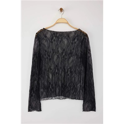 Siyah Regular Fit Kayık Yaka Dantel Esnek Örme Büyük Beden Bluz TBBAW26AF00031