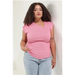 Pembe Yumuşak Kumaşlı Asimetrik Yaka %100 Pamuk Örme Büyük Beden Bluz TBBSS25AF00002