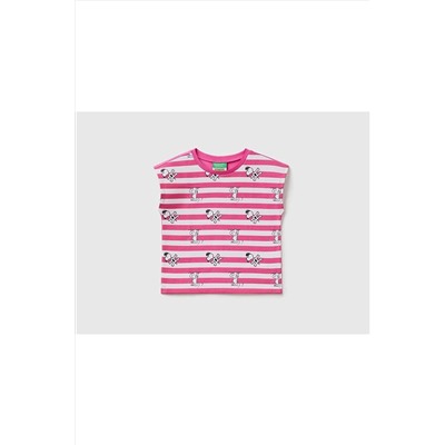 United Colors of BenettonKız Çocuk Fuşya Snoopy Baskılı Çizgili T-shirt