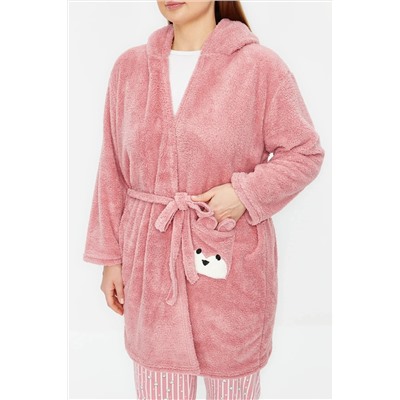 Pudra Wellsoft/Peluş Hayvan Figürlü Cepli Kapüşonlu Örme Sabahlık TBBAW24SB00013