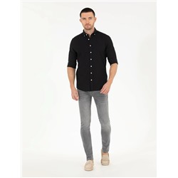 Siyah Slim Fit Keten Görünümlü Gömlek