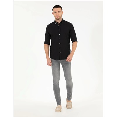 Siyah Slim Fit Keten Görünümlü Gömlek