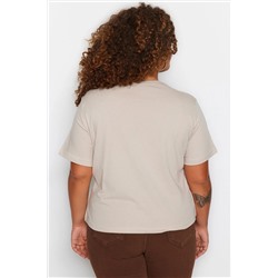 Bej Bisiklet Yaka Baskılı %100 Pamuk Örme T-Shirt TBBSS23BF00027