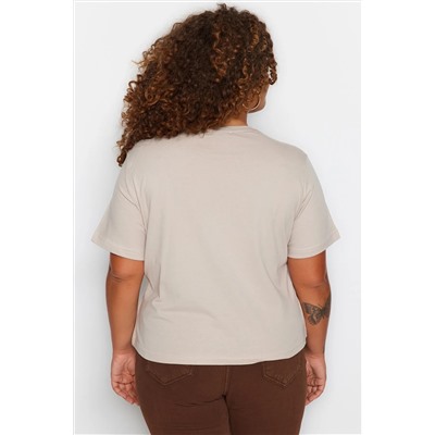 Bej Bisiklet Yaka Baskılı %100 Pamuk Örme T-Shirt TBBSS23BF00027