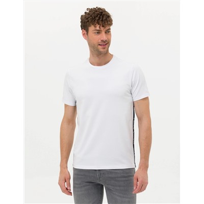 Beyaz Slim Fit Yandan Baskılı Bisiklet Yaka Tişört