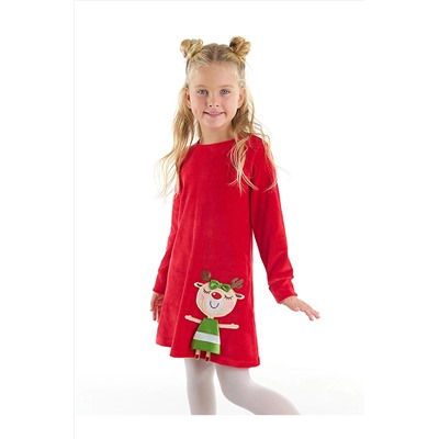Denokids Yaramaz Geyik Kız Yılbaşı Kadife Kırmızı Elbise CFF-18K1-101