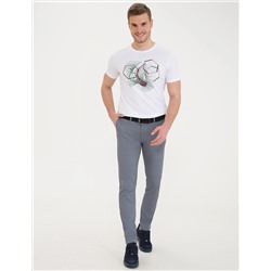 Beyaz Slim Fit Baskılı Bisiklet Yaka Tişört