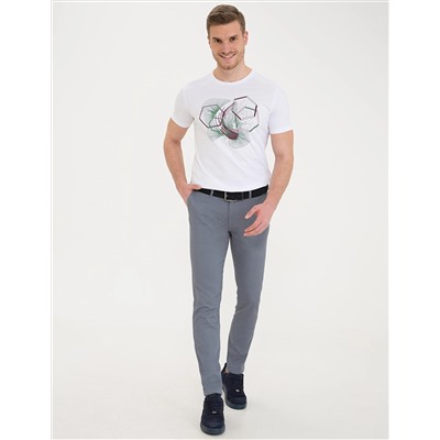 Beyaz Slim Fit Baskılı Bisiklet Yaka Tişört