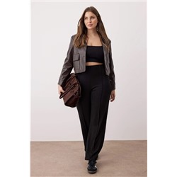 Siyah Nervür Detaylı Straight Fit Boru Paça Büyük Beden Örme Pantolon TBBAW26AJ00005