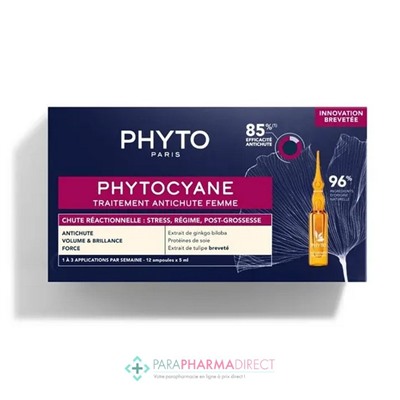Phyto Phytocyane Traitement Antichute Femme - Chute Réactionnelle - 12 ampoules de 5 ml