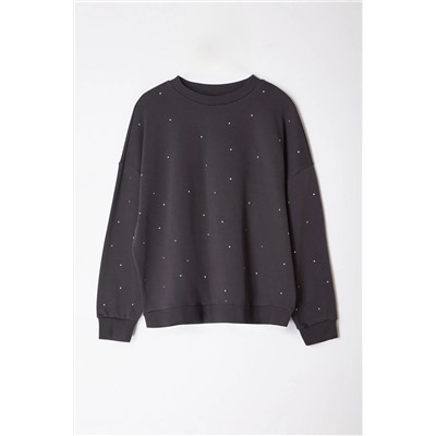 Antrasit Kalın Taşlı Detaylı Örme Sweatshirt Büyük Beden Sweatshirt TBBAW24SW00000