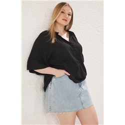 Siyah Kısa Kol Peplum Dokulu Dokuma Büyük Beden Gömlek TBBSS25AF00044