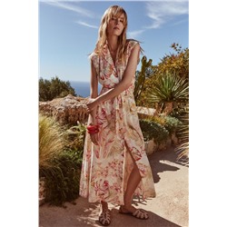 PRINTED LINEN BLEND MIDI DRESS