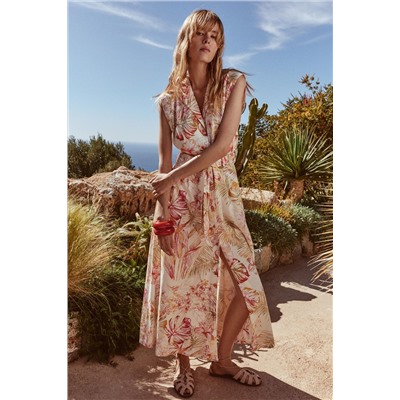 PRINTED LINEN BLEND MIDI DRESS