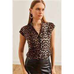 Olalook, Kadın Taş Leopar V Yaka 4 Düğmeli Viskon Bluz BLZ-19000279