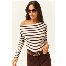 Olalook Kadın Acı Kahve Premium Soft Touch Kayık Yaka Esnek Bluz BLZ-19002448