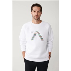 Avva Erkek Beyaz Şardonlu Kumaş Bisiklet Yaka Nakışlı Sweatshirt A32Y1293