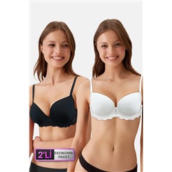 Pierre Cardin2'li Ekonomik Paket Siyah - Ekru 6807 Kansas Dantelli Micro Saten Sütyen Set (D Cup Seçeneğiyle)