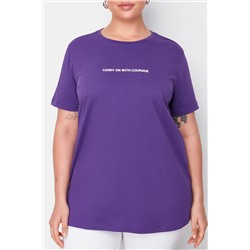 Mor Boyfriend Fit Slogan Baskılı Bisiklet Yaka %100 Pamuk Örme Büyük Beden T-Shirt TBBSS23BF00022