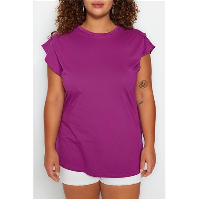 Mor Bisiklet Yaka Kol Detaylı %100 Pamuk Örme T-Shirt TBBSS22BF0023