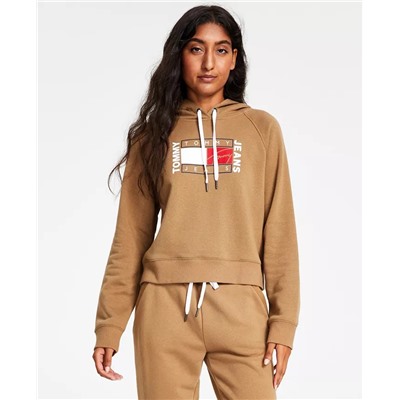 TOMMY JEANS Women's Fleece Cropped Flag-Graphic Pullover Hoodie