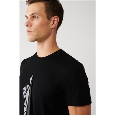 Siyah Bisiklet Yaka Kısa Kollu Flok Baskılı Regular Fit Standart Kesim T-Shirt