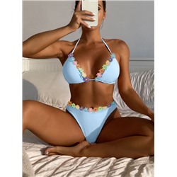 Mono Bikini Set Flower Decor Halter Triangle Bra Top & Bikini Bottom 2 Piece Bathing Suit
