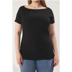 Siyah Fitted Kayık Yaka Fitilli Kaşkorse Örme Büyük Beden Bluz TBBSS25AF00047