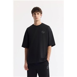 Avva, Erkek Siyah Bisiklet Yaka Oversize Aplike Baskı Detaylı 2'iplik T-shirt A51y1082