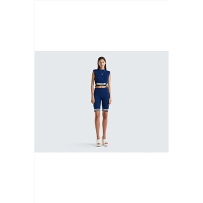 United Colors of Benetton Kadın Indigo Etek Ucu Çizgili Slim Fit Crop Yelek 123P1298E105N-2G6