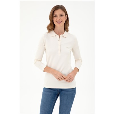 Kadın Krem Basic Polo Yaka Sweatshirt