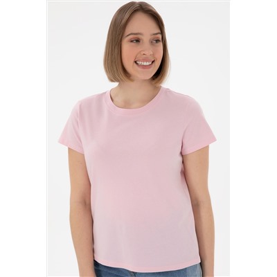Kadın Açık Pembe Bisiklet Yaka Basic Tişört