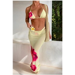 BELLA NOTTE, Sarı Desenli 3 Parça Plaj Kombini Bikini Takımı Ve Pareo