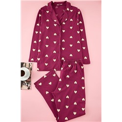 Vişne Kalpli Gömlek Yaka Örme Pijama Takımı TBBAW23AI00019