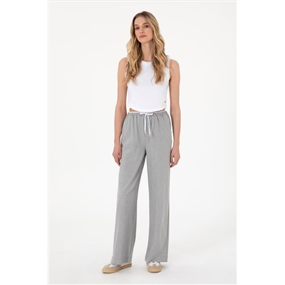 Kadın Gri Bel Detaylı Loose Fit Kanvas Pantolon