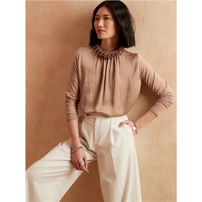 Mixed Media Ruffle Mock-Neck Top