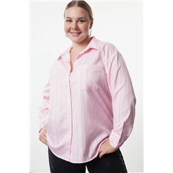 Trendyol Curve Pembe Çizgili Boyfriend Büyük Beden Dokuma Gömlek TBBSS22GO0323