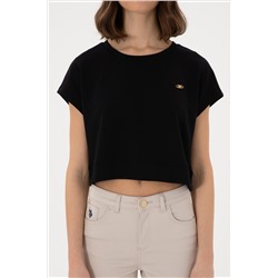 Kadın Siyah Crop Bisiklet Yaka Tişört
