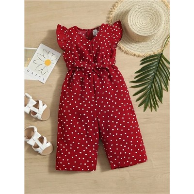 SHEIN Baby Polka Dot Ruffle Sleeve Belted Jumpsuit