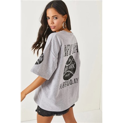 Olalook, Newyork Gri Ön Arka Baskılı 2 iplik Unisex Oversize Tişört TSH-19000696