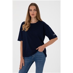 Kadın Lacivert Oversize Bisiklet Yaka Tişört